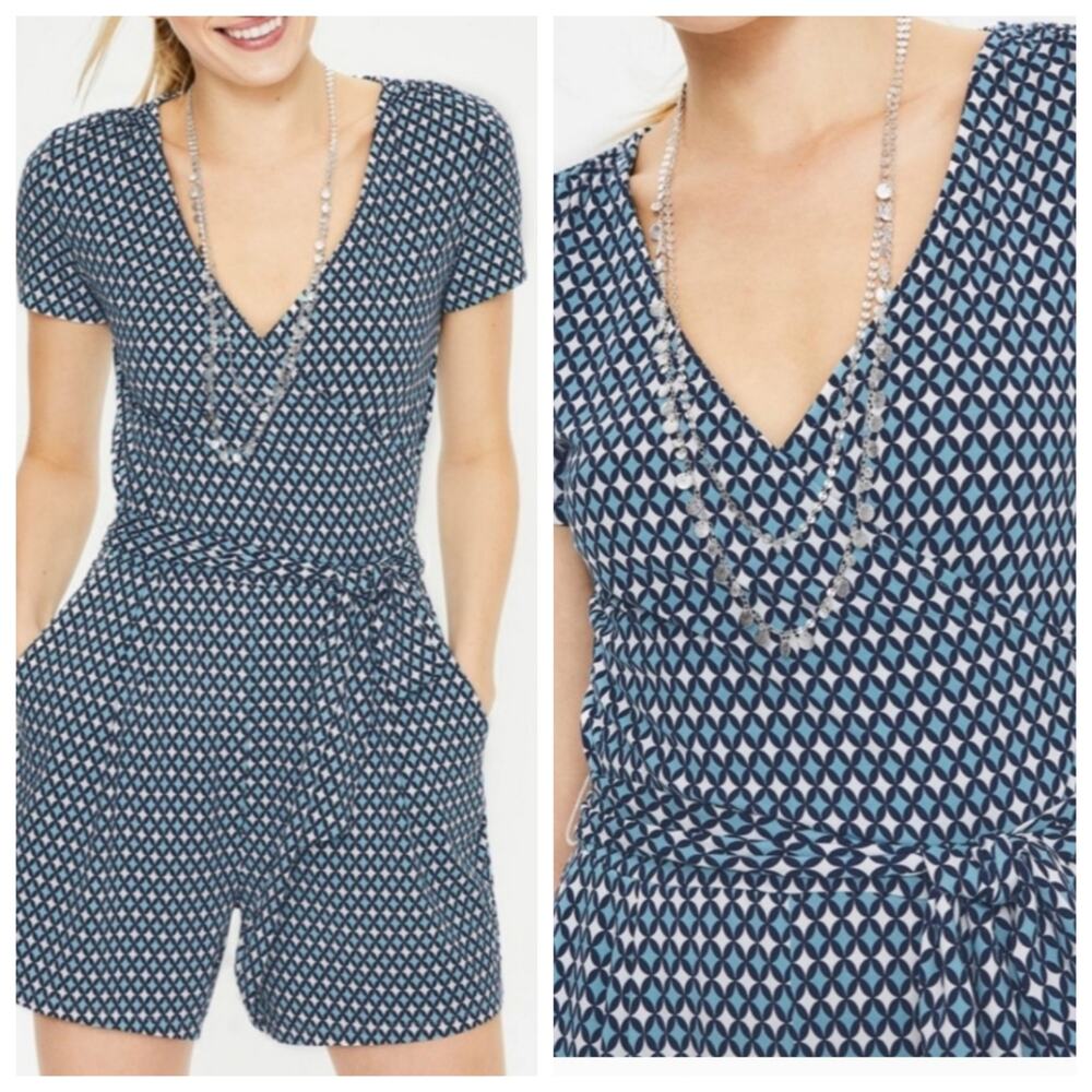 Boden Blue Geometric Wrap-Front Romper